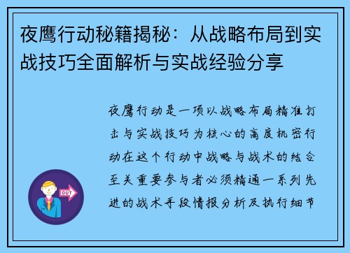 夜鹰行动秘籍揭秘：从战略布局到实战技巧全面解析与实战经验分享