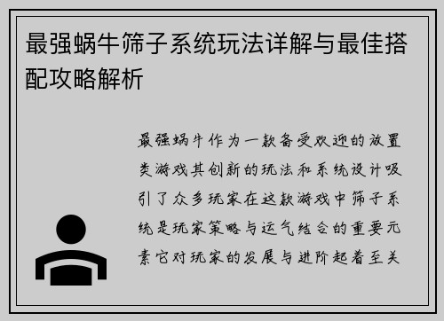 最强蜗牛筛子系统玩法详解与最佳搭配攻略解析